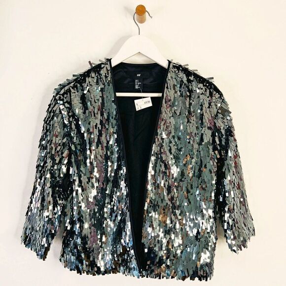 NWOT H&M Blue Rectangle Paillette Sequin Fully Lined Jacket - Picture 2 of 6
